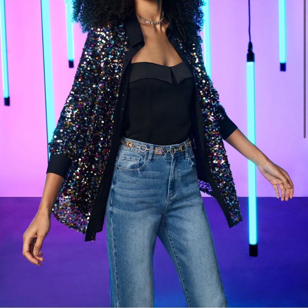 Sequin Button-Down Tunic Top